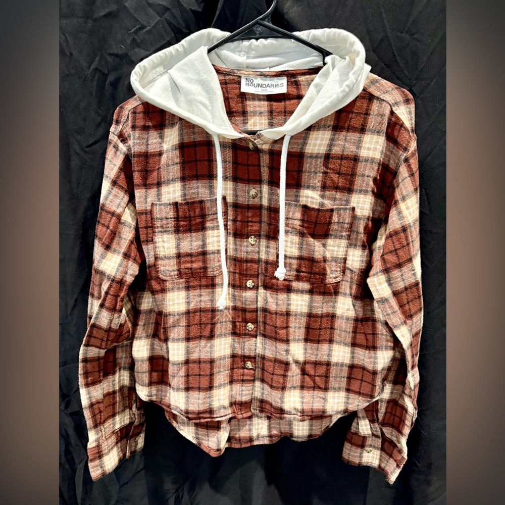 No Boundaries Brown Plaid Hoodie Shirt